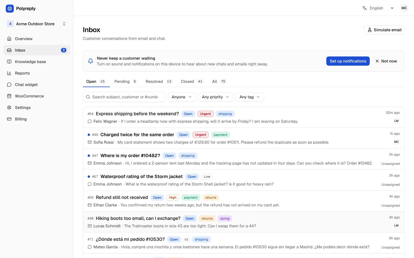 Inbox with open conversations from email and chat, each with its status, priority, tags and assignee