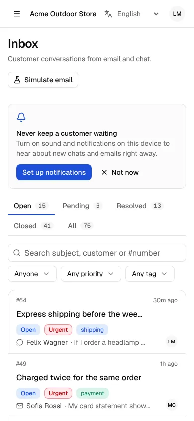 The inbox on a phone screen, with open conversations from email and chat