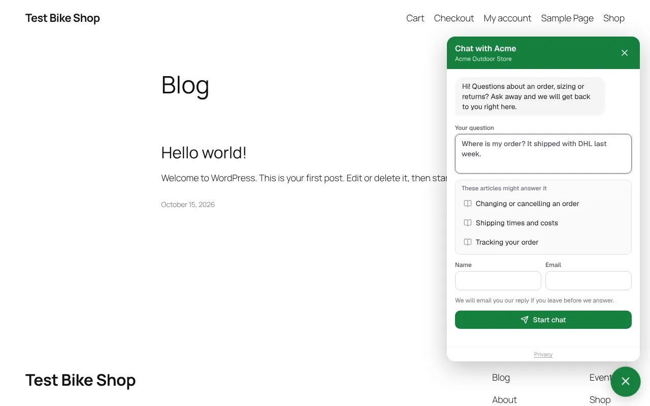 Chat window open on a WooCommerce store, suggesting help articles while the customer types a question about an order
